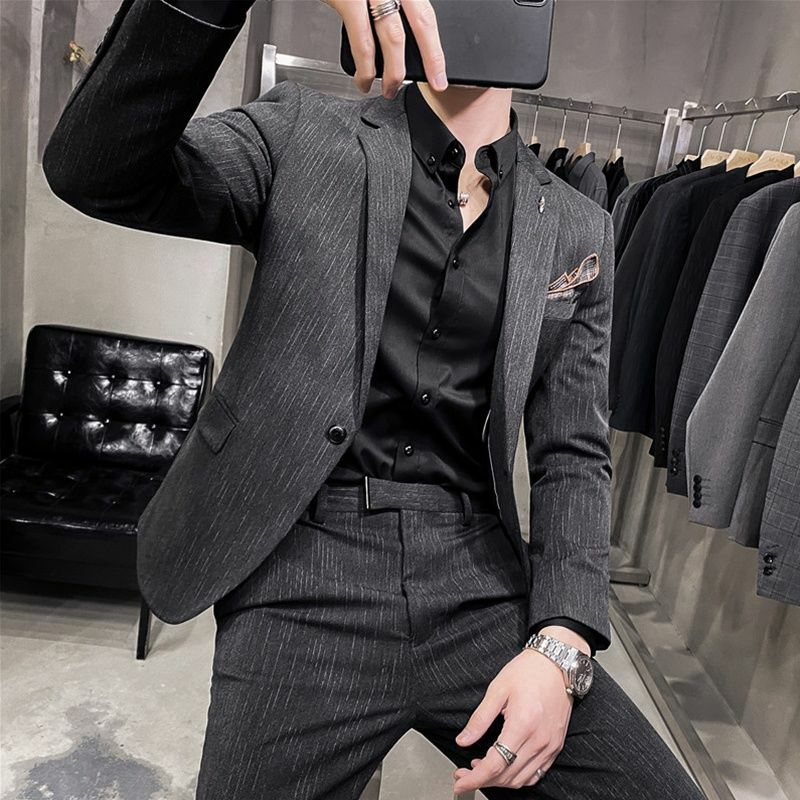 2-B3 Suit suit men's handsome slim-fit suit dotted striped jacket bombing street yuppie formal dress three-piece set
