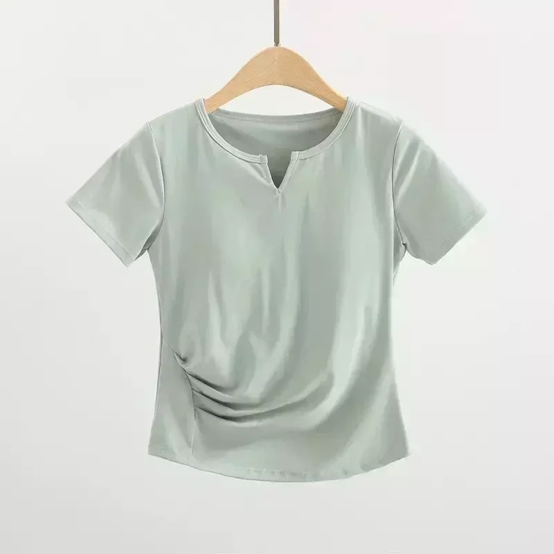 Lemon-Camiseta de manga corta con almohadilla para el pecho para mujer, ropa deportiva ajustada con cuello en V, cómoda, elástica, Fitness, correr
