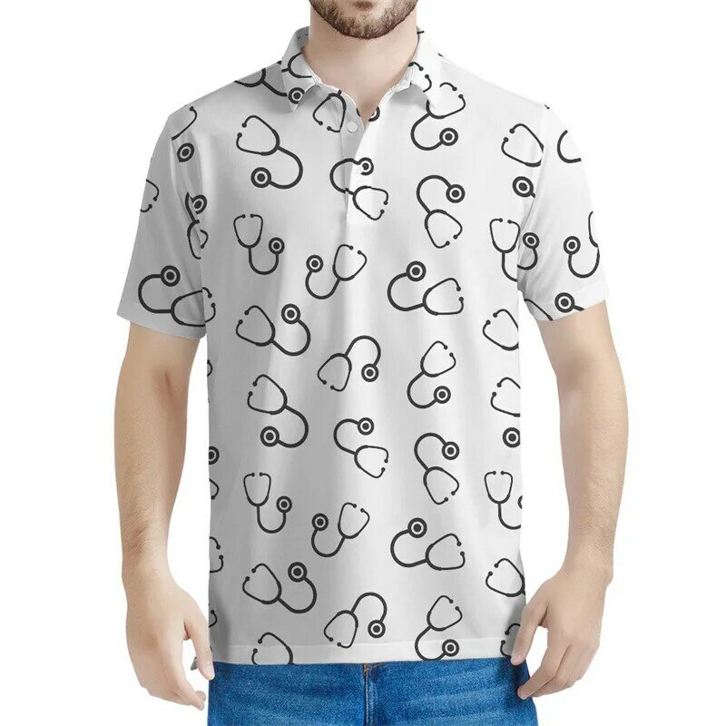 Stetoskop kreskówkowy z nadrukiem 3D Koszulka POLO Letnie luźne koszulki polo z guzikami dla mężczyzn Odzież uliczna Topy wakacyjne z krótkim rękawem