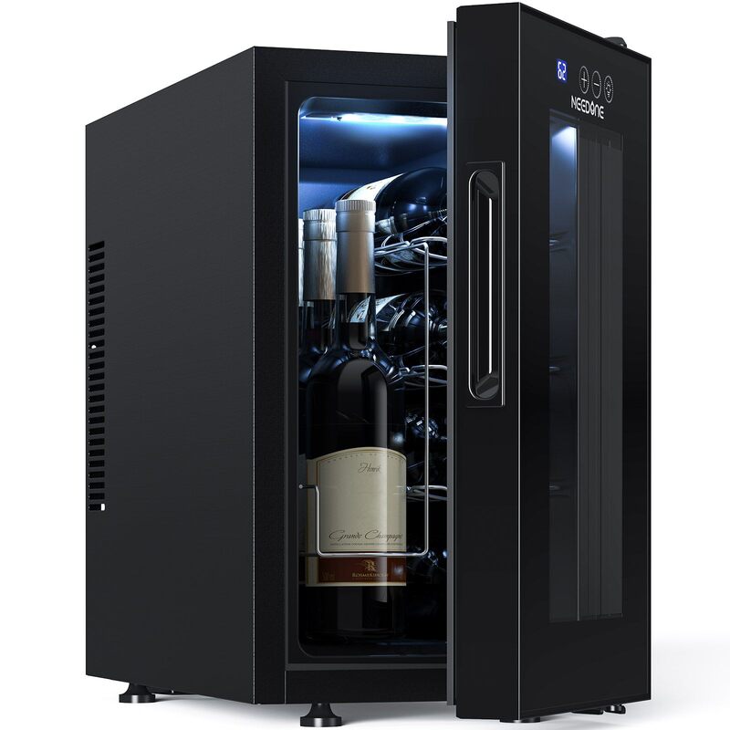 Neneone ตู้แช่ไวน์ถังแช่ไวน์ตู้แช่ไวน์8ขวดพร้อมชั้นวางแก้ว/ไฟเย็นเร็วตู้เก็บไวน์เทอร์โมอิเล็กทริก