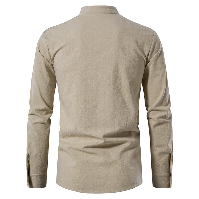 Men's Cotton Linen Henley Shirt, Long Sleeve Hippie Casual Top, Beach Stand-up Collar Tie Fashion Shirt