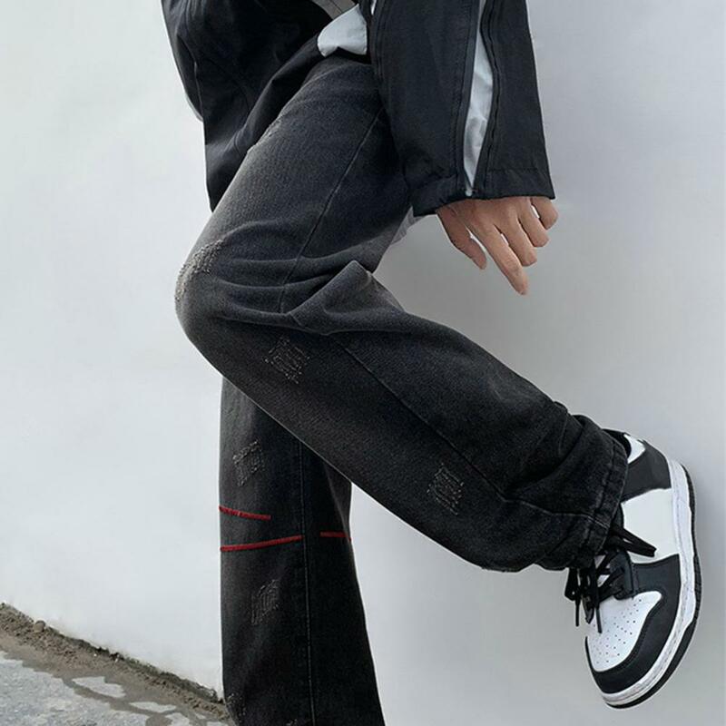 Wiosenne dżinsy męskie spodnie w stylu Streetwear z szerokimi nogawkami podarte paski styl hip-hopowy dla mody męskiej miękkie stylowe na wiosnę/jesień