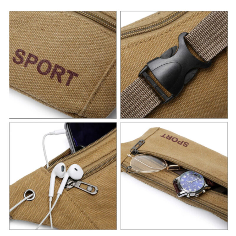 Cintura de Fanny Casual durável masculina, Sacos de cintura masculinos, Canvas Hip Bum, Bolsa de bolsa militar, 3 Zipper Pocket, Bolsas