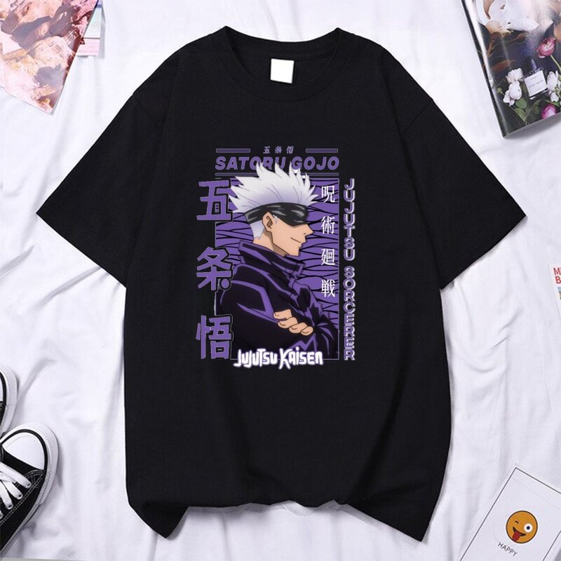 Anime Gojo Satoru wysokiej jakości męski i damski okrągły dekolt letni Y2k t-shirt