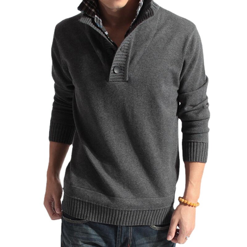 Men's Fake Two Piece Sweater Standing Neck Knit Pullovers Large Size Solid Color Sweater
