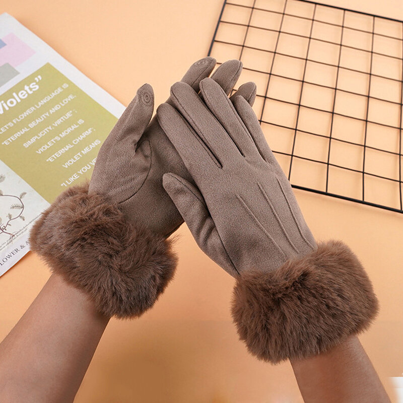 New Women Winter Keep Warm Touch Screen Suede Fabric Female Plush Wrist Not Bloated Elegant Solid Soft Cycling Drive Gloves