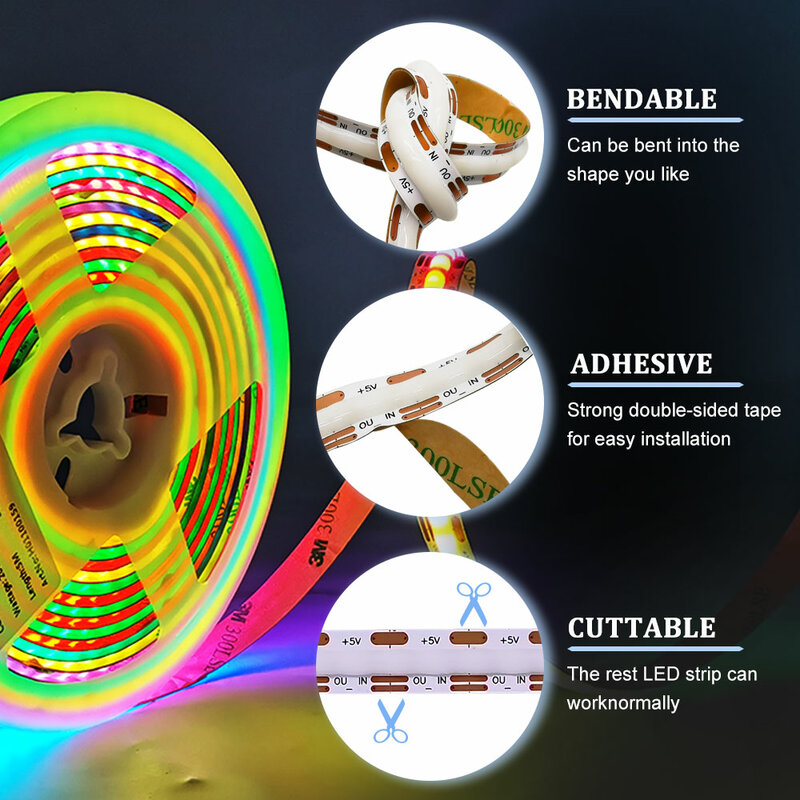 DC5V 12V WS2812 indirizzabile individualmente COB Led Strip Light Luces FOB RGBIC 160Led/M Pixel flessibile ad alta densità 2.7mm 5mm 10mm