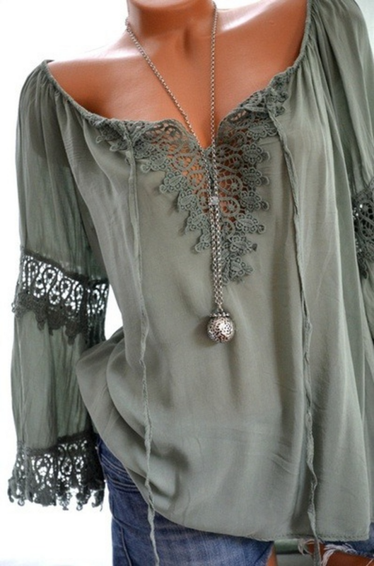 Женские кружевные блузки 2022, летняя свободная Однотонная рубашка с длинным рукавом и кулиской в стиле пэчворк, женские топы, повседневная женская одежда с вырезами