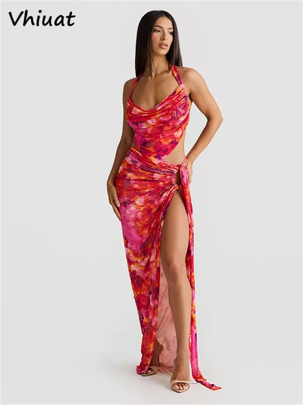 Vhiuat-قطعتين فستان مطبوع عليه زهور ، قمم قصيرة بحمالات ، تنورة طويلة بخصر مرتفع ، ملابس شاطئ متطابقة ، موضة صيفية ، جديد