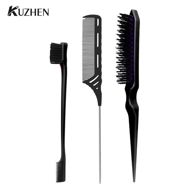 3Pcs Hair Brush Set,Hair Styling Comb Including Dual Sided Edge Brush & Rat Tail Comb and Teasing Comb for Women Girl Barber