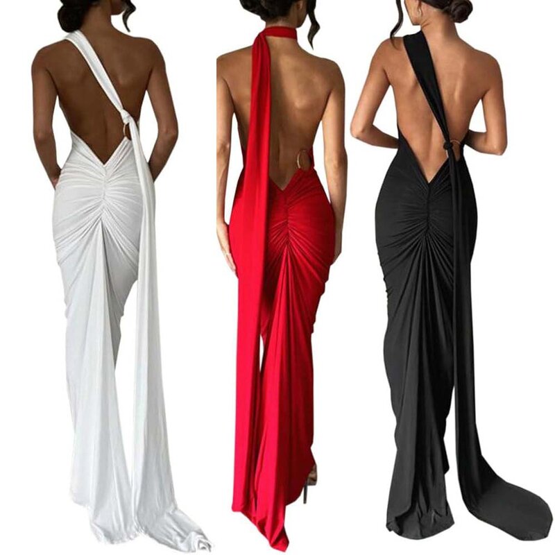 Club Cocktail Sexy Open Back Cut Out Women Spaghetti Strap Backless Maxi Dress