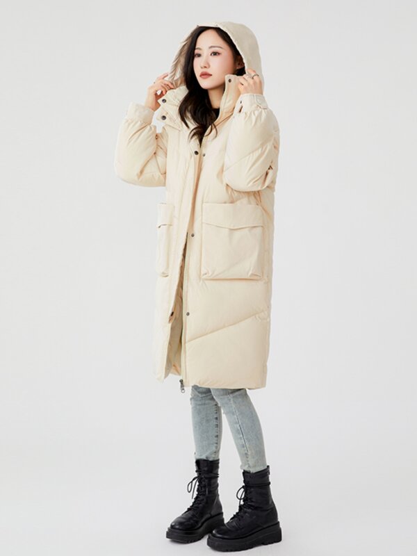 Abrigo largo de algodón con capucha para mujer, traje holgado sobre la rodilla, grueso, sólido, para invierno, 2023