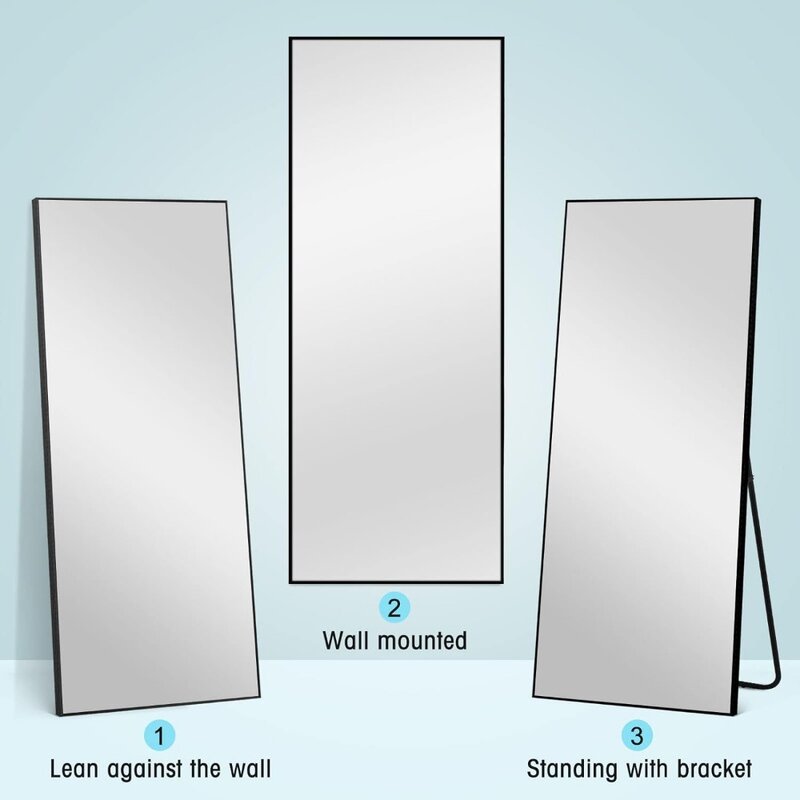 Espelho de corpo inteiro com suporte, moldura de liga de alumínio, espelho de parede, espelho preto para quarto, casa e escritório, ultra fino