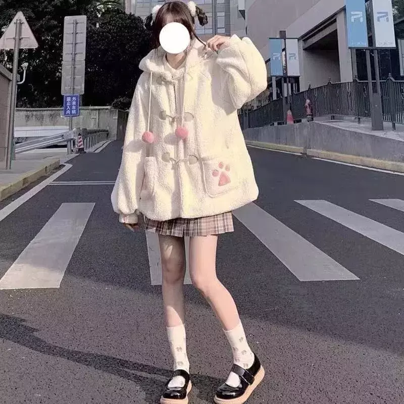 Jaket wol domba manis wanita musim gugur musim dingin gaya Jepang mantel bertudung telinga beruang lembut Kawaii pakaian luar lucu baru