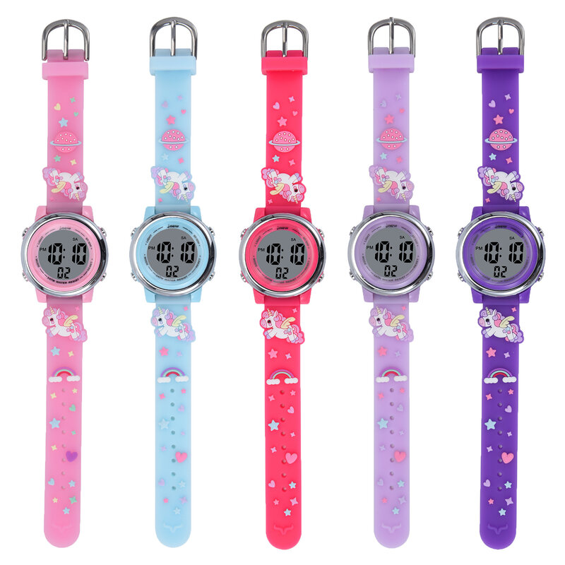 นาฬิกากันน้ำสำหรับเด็ก Jam Tangan elektronik 3D การ์ตูนสีสันสดใสยูนิคอร์นเรืองแสงลายม้า LED ของขวัญสำหรับเด็ก