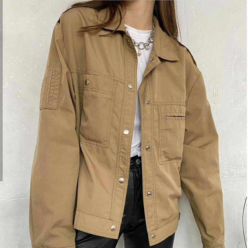 Retro Brown Pocket Jacket Casual Loose Single Breasted American Jacket Coat Spring Autumn Button Up Collar Women Short Top