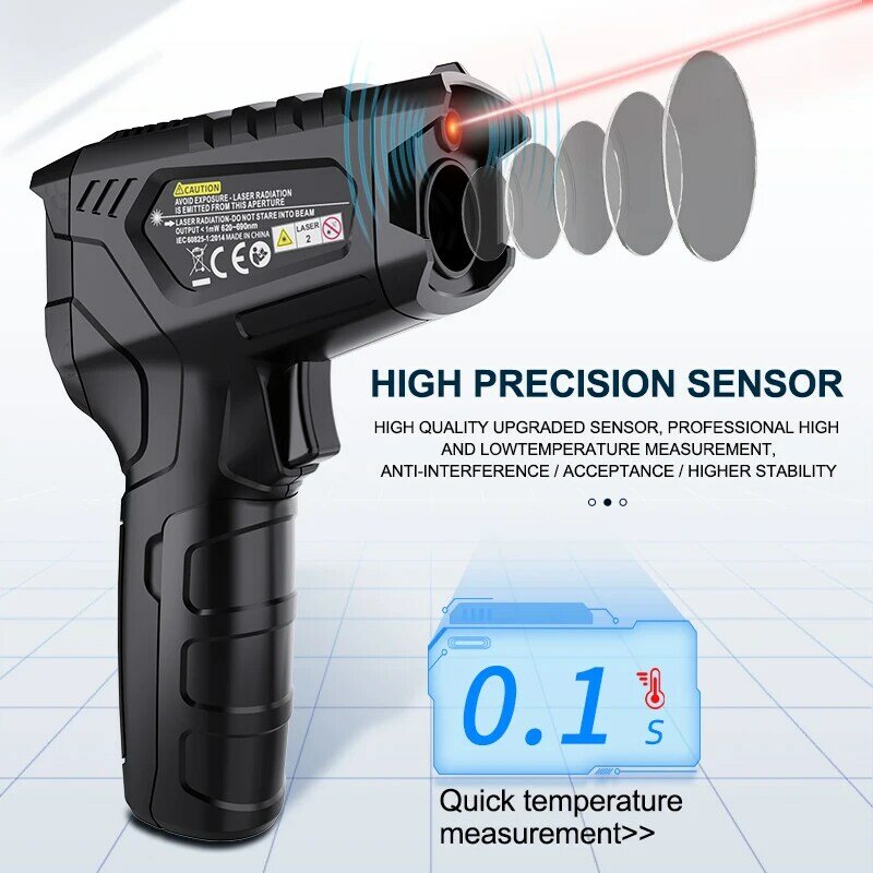 Termômetro infravermelho digital, medidor de temperatura do laser, pirômetro sem contato, higrômetro IR, alarme de luz LCD colorido