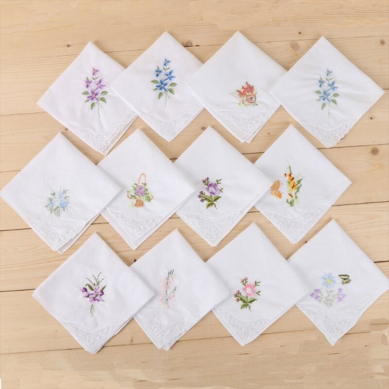 Cotton Ladies Handkerchiefs Vintage Floral Style Lace Edging Wedding Party Embroidery Women Girls Flower Hanky Drop Shipping