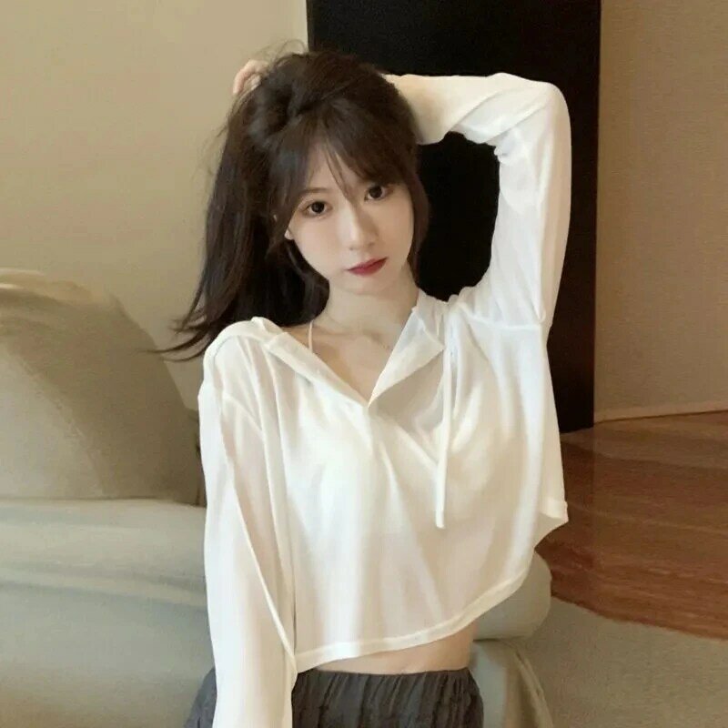 Ice Silk Hooded Button Sun Protection Shirt Long Sleeve T-shirt for Women 2024 New Summer Design Feel Top for Women