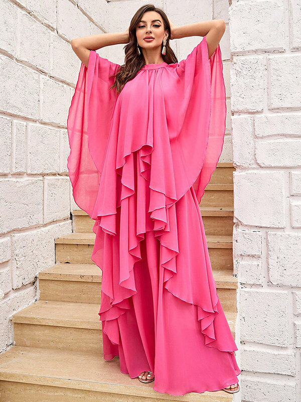 TOLEEN 2024 New Summer Women's Mesh Solid Color Fit and Ruffle Trim Batwing Dress Casual Elegant Party Evening Chiffon Dresses