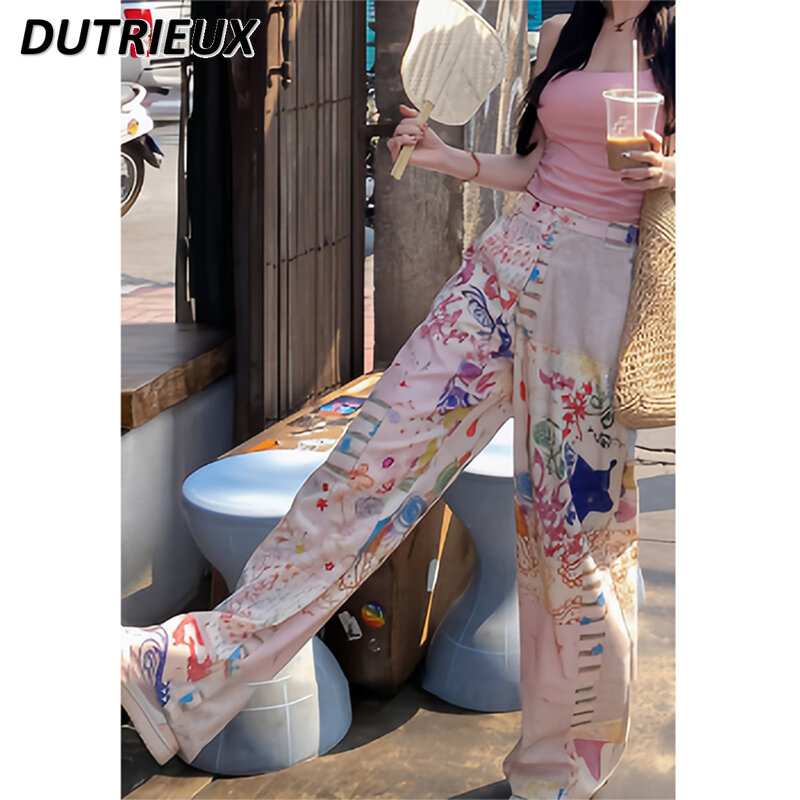 Celana panjang kasual motif grafiti wanita, celana panjang kaki lebar lurus pel pinggang tinggi gaya Korea baru musim semi dan panas 2024