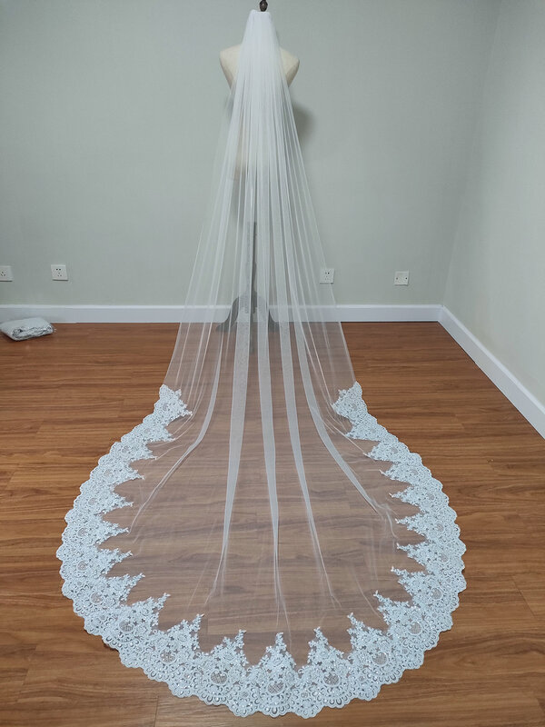RealShot 3m glitter veil wedding with crystal cathedral bridal veil  Lace Trim Luxury Wedding Bridal Veil  Wedding accessories