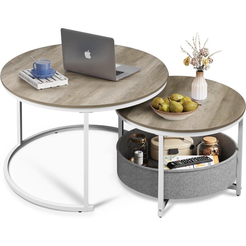Coffee Table Set of 2,32in Round Nesting Table for Living Room,Small Circle Table with Storage for Small Space,Metal Frame