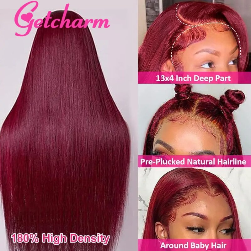 Glueless Straight HD Lace Frontal Wigs, Cabelo Humano, Vermelho Borgonha, 180%, 99j, 5x5 Closure, 13x4
