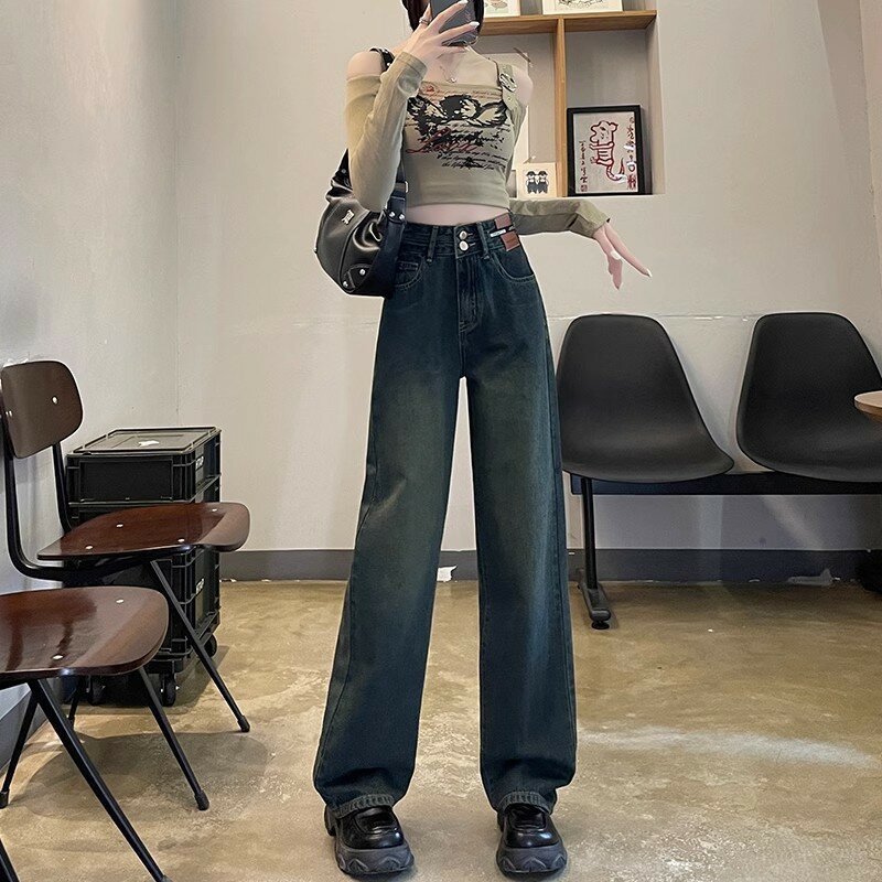 Narrow Straight Leg Jeans Women Spring Summer 2024 New High Waiste Slim Floor Mopping Two Button Casual Fashion Wide Leg Pants