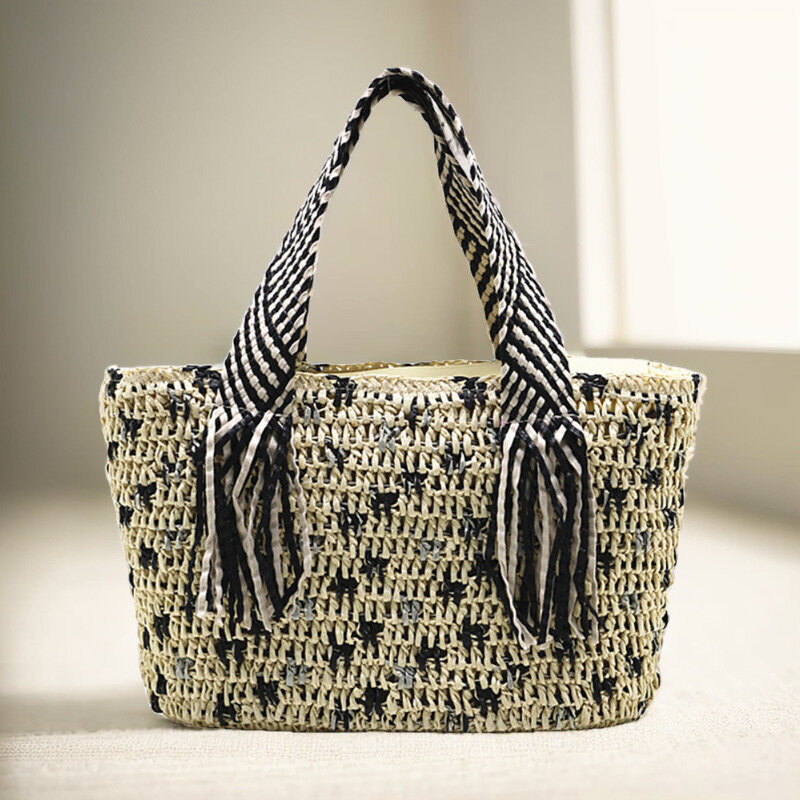 Летняя Пляжная сумка из бумажной веревки, дизайнерские женские сумки в полоску с кисточками и ручками, богемные плетеные соломенные корзинные сумки для женщин, сумка-тоут
