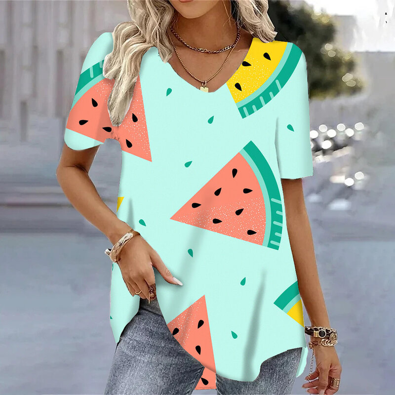 3d Wassermelone gedruckt Frauen V-Ausschnitt T-Shirts Sommer coole kurze Ärmel Tops Mode lässig lose Pullover weibliche T-Shirts