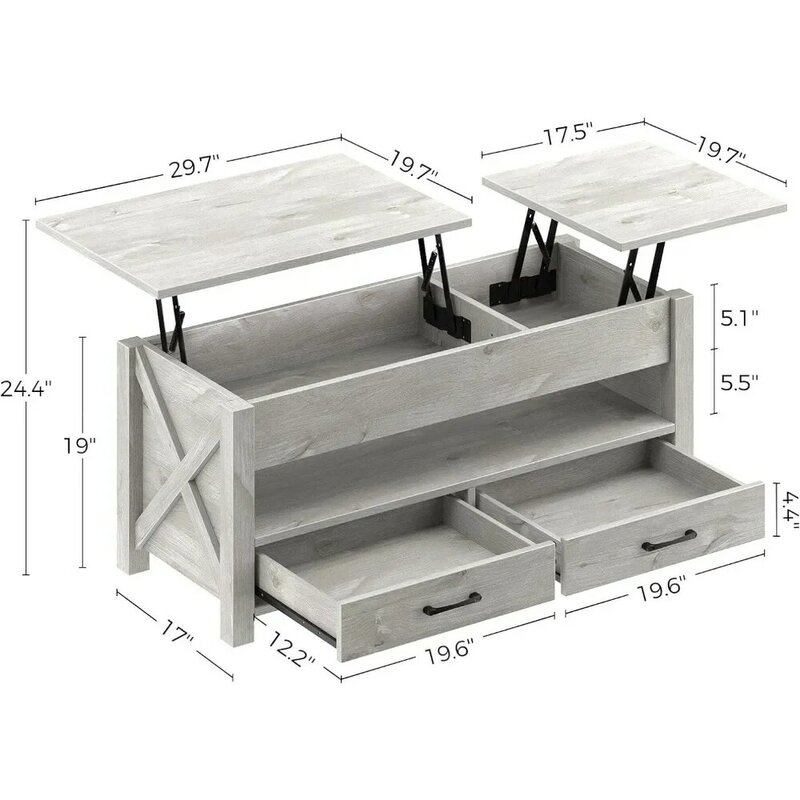 Подъемник для журнального столика 47,2 дюйма с 2 ящиками для хранения и скрытым отсеком, винтажный центральный стол, серый