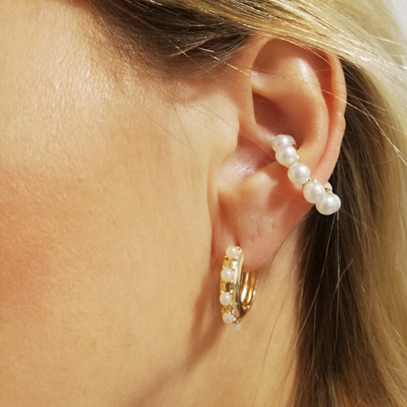 Clip di perle alla moda su orecchini polsini per le donne colore oro a forma di C impilabile CZ polsino dell'orecchio senza piercing gioielli da sposa per feste 2024