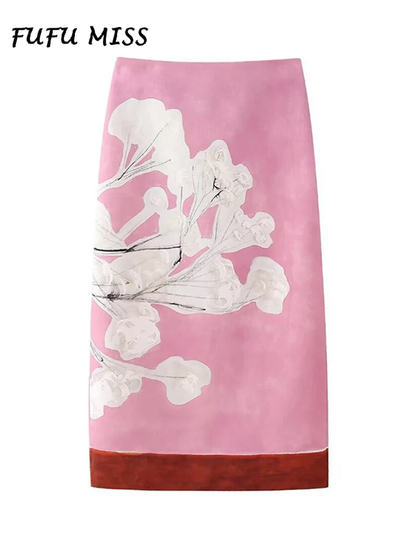 Pink Printing Spliced Straight Women Skirts 2024 Spring Summer Fashion Female Casual Elegant High Waist Split Slim Long Skirt