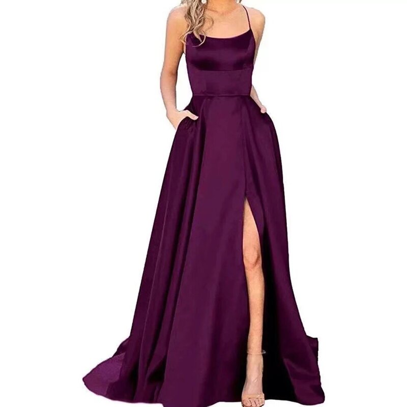 Vestido de noite sem alças para mulheres, elegante vestido de cetim, vestido de baile com fenda lateral e comprimento do chão