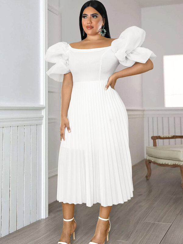 Женское платье миди с открытыми плечами ONTINVA, белое Плиссированное ТРАПЕЦИЕВИДНОЕ ПЛАТЬЕ большого размера с рукавами-фонариками для гостей свадьбы, Размер 4XL