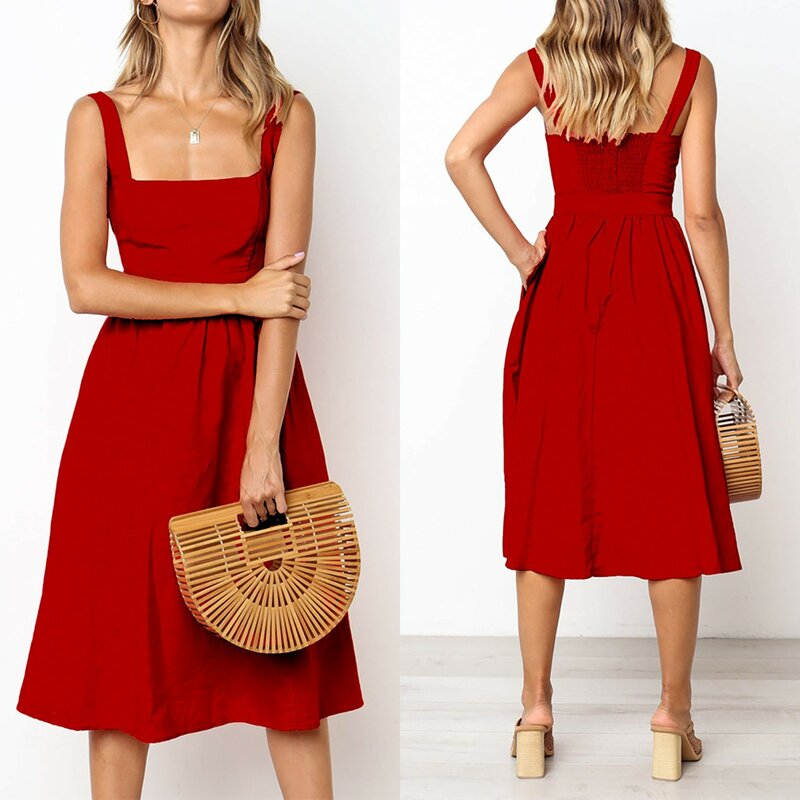 Kobiety seksowne sukienki A-line bez pleców 2023 modne paski Spaghetti letnia sukienka plażowa na co dzień solidna sukienka Midi czerwone przedsionki