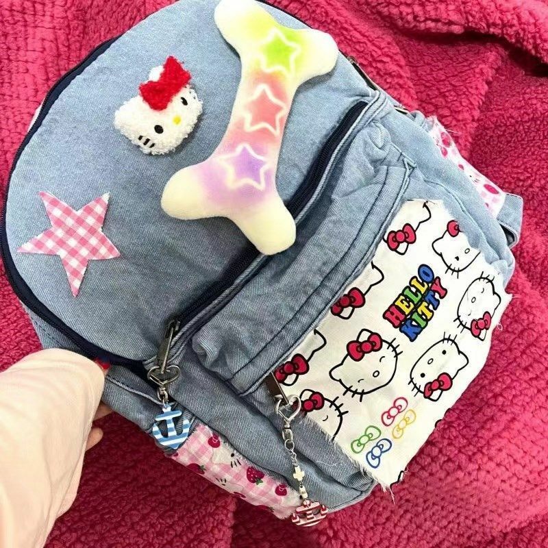 MBTI Y2k Hello Kitty Womens Backpack Original Denim Vintage Patchwork Sweet Harajuku Casual Backpacks Female New Aesthetic Bags