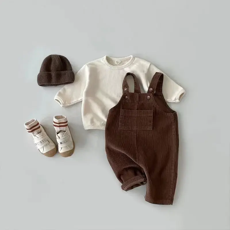Baju kodok korduroi untuk anak, pakaian Jumpsuit korduroi warna polos untuk anak laki-laki dan perempuan balita musim dingin musim gugur