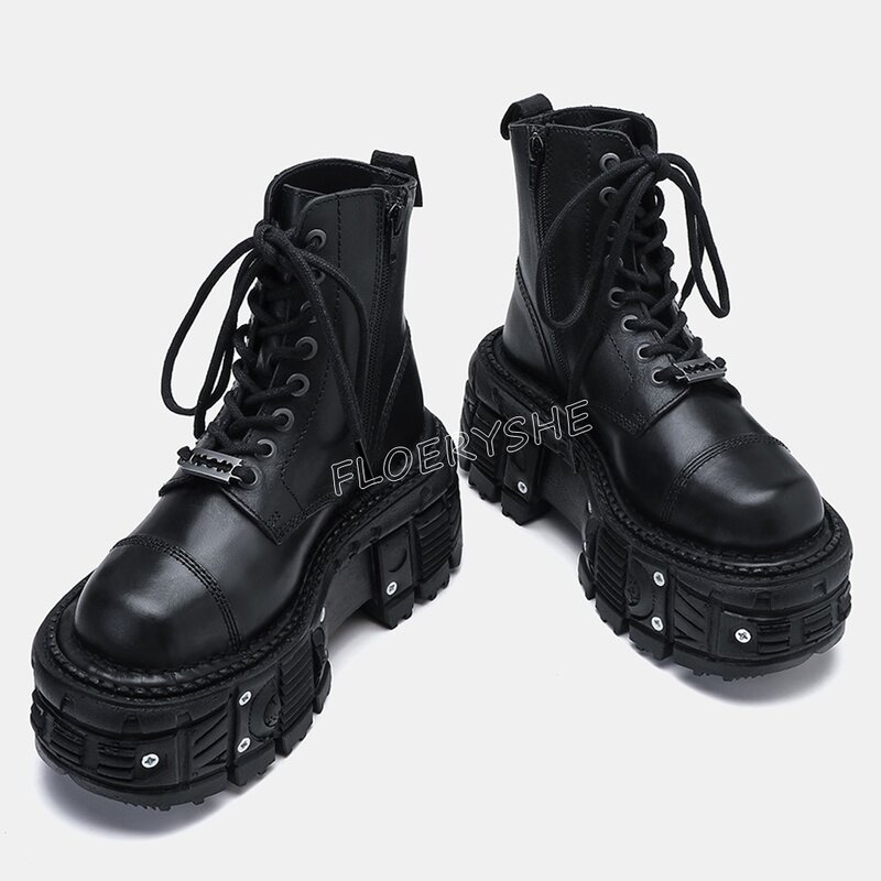 Black Platform Lace-up Punk Ankle Boots Matte Leather New Arrival Round Toe Party Cool Rock Motorcycle Shoes Free Shipping