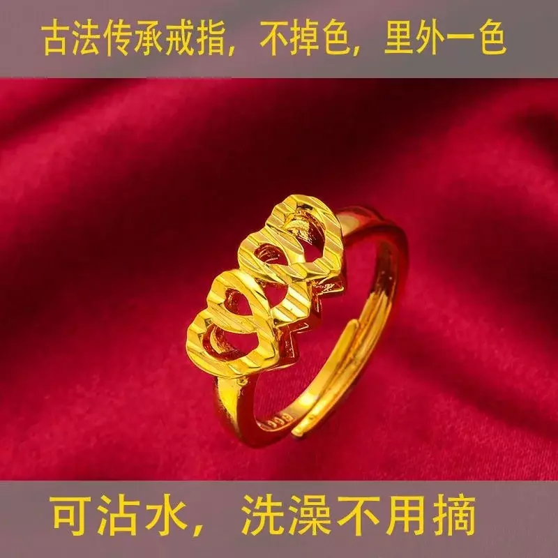 Pure Plated Real 18k Yellow Gold 999 24k Color Glossy for Lovers with Adjustable Ring Opening Never Fade Jewelry