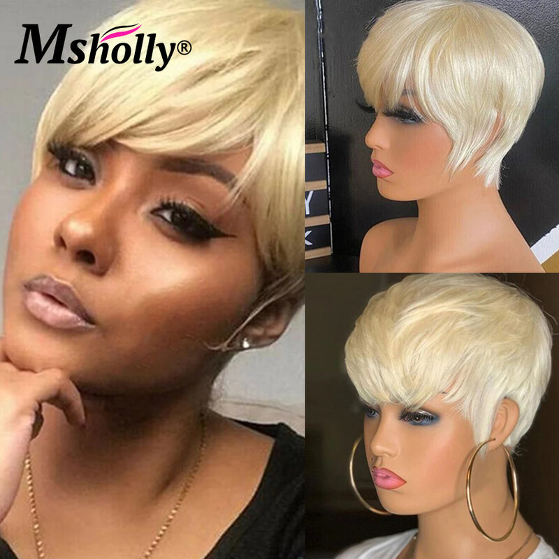 613 Short Pixie Cut Straight Hair Wig Brazilian Remy Human Hair Wigs With Bangs Honey Blonde Wig Brazilian Cosplay For Women