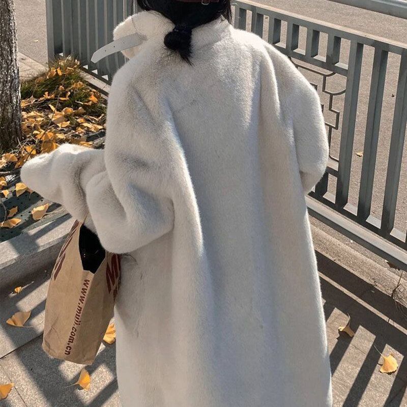 Mantel bulu imitasi wanita, jaket Luaran hangat ramping panjang setengah longgar kasual Korea modis
