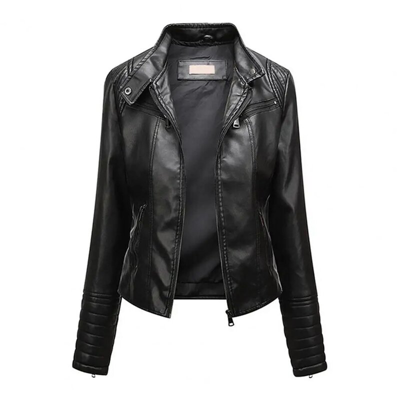 Jaqueta de motociclista de couro falso com gola para mulheres, jaqueta artificial, slim fit, elegante