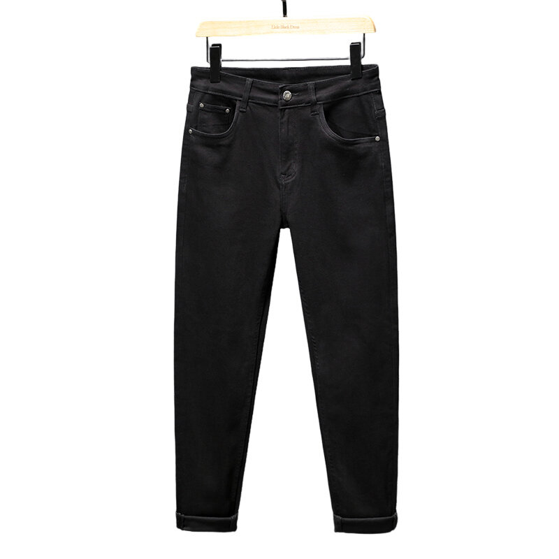 Calça jeans preta pura, sem desbotamento masculino, fina, elástica, respirável, tecido macio, elegante, high-end, simples, slim fit, calça magra, verão