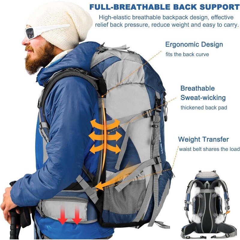 50L plecak turystyczny, wodoodporna torba kempingowa z osłoną przeciwdeszczową, lekka plecak z plecakiem 45 + 5 litrów