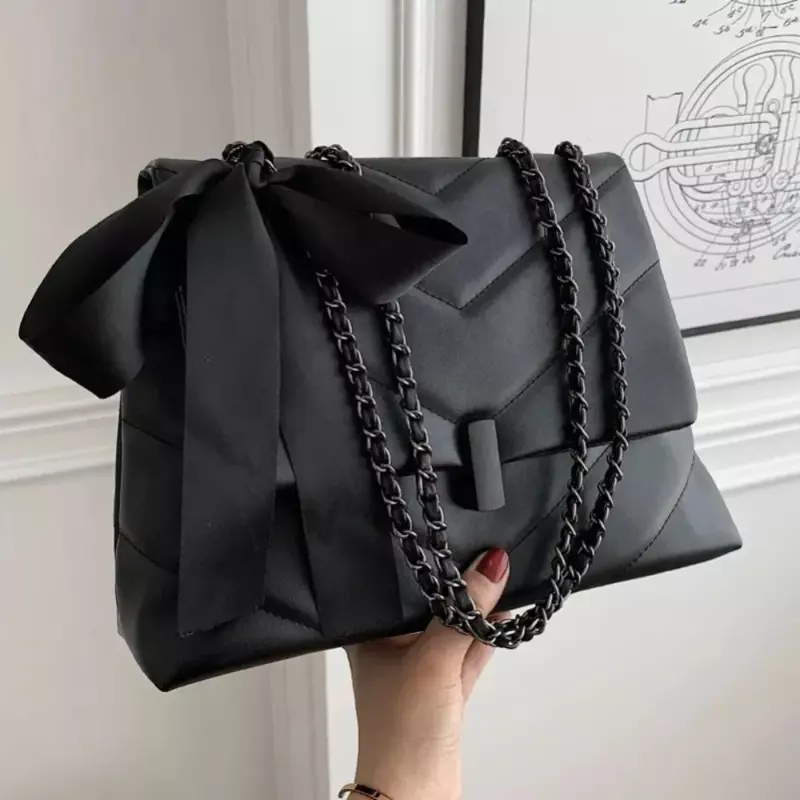 Fashion Shoulder Bag Chain Strap Bow Large Capacity PU Material Handbag Solid Color Casual Underarm Bag Casual Purse Tote Bag