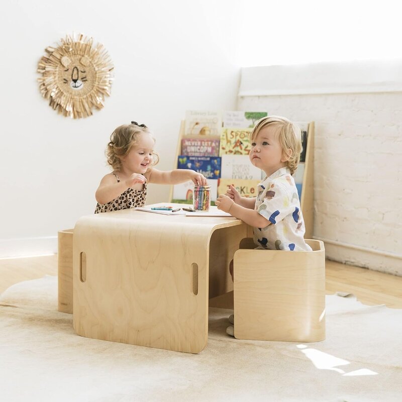 Bentwood多目的テーブルと椅子セット、子供用家具、子供用スツール、ウッド、3個