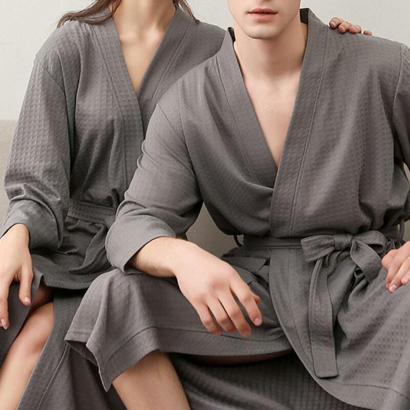 Mantel Mandi Pria Warna Solid Leher V Kardigan Penyerapan Air Piyama Pria Kebesaran untuk Rumah Kimono Padat Jubah Mandi Pakaian Tidur