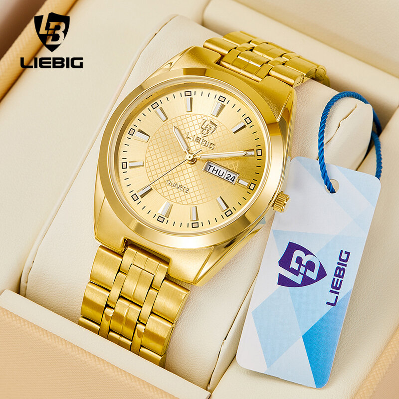 LIEBIG-Relógios de luxo para homens e mulheres, Dourado, Moda, Relógios, Data, Impermeável, Quartzo, Relógio de pulso, Relógio, Masculino